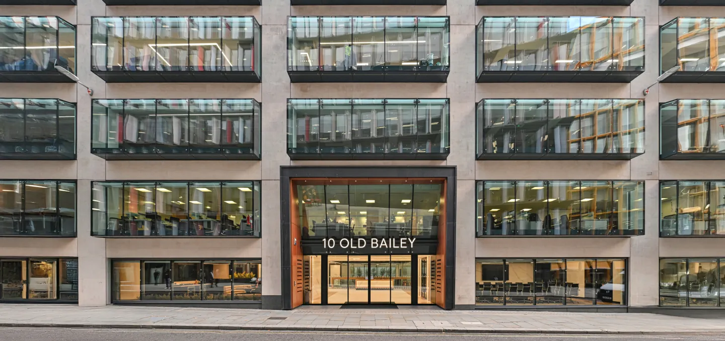 10 Old Bailey: the refurbished stone and glass facade and entrance